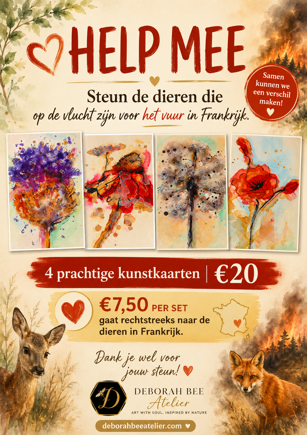 Samen voor de Dieren | Set van 4 Kunstkaarten | €7,50 donatie